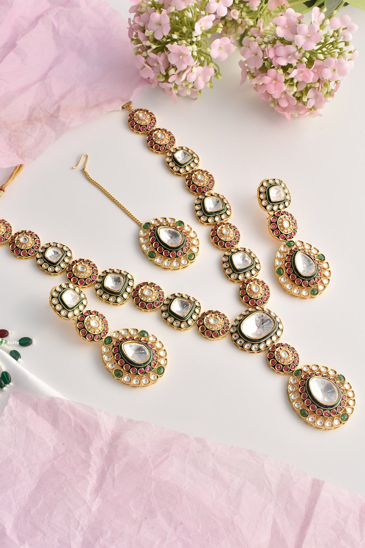 Moissanite Polki Embellished Long Pendant Necklace Set 