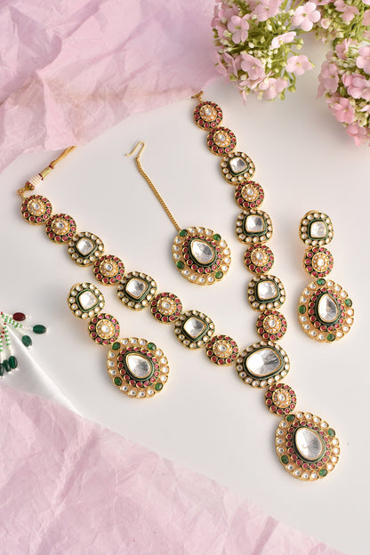 Moissanite Polki Embellished Long Pendant Necklace Set 