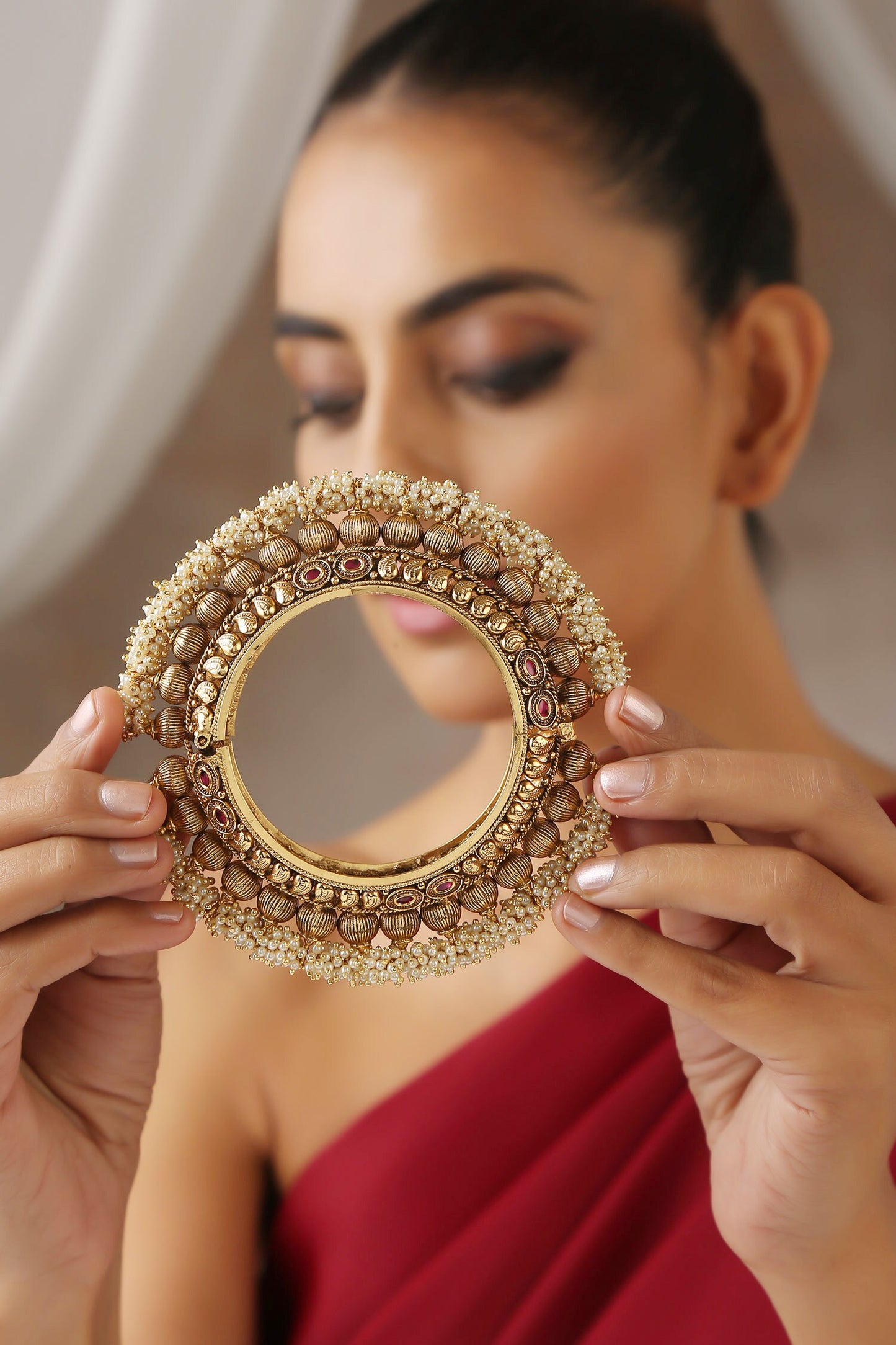 Pearl Embellished Temple Work Kada 