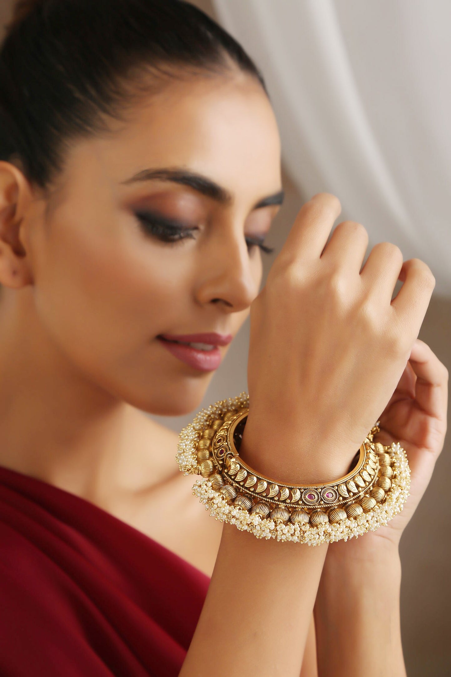 Pearl Embellished Temple Work Kada 
