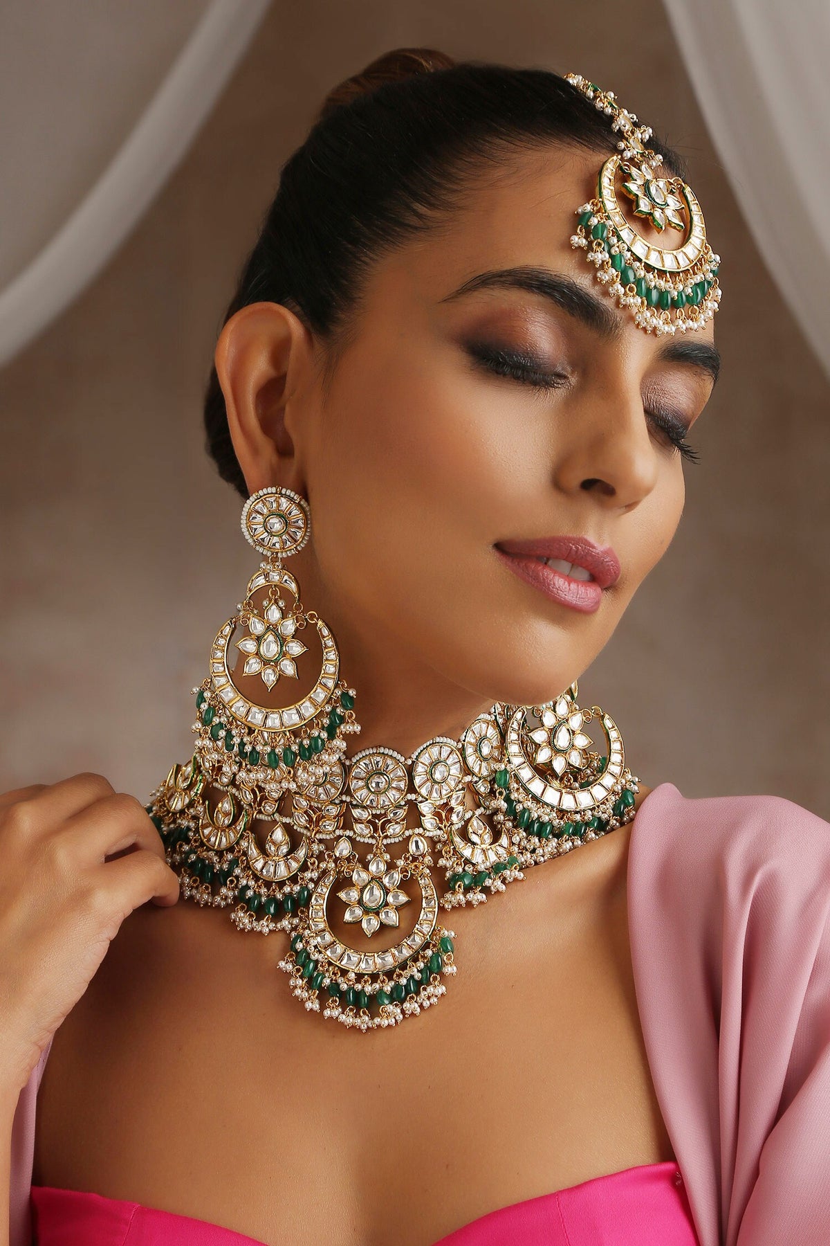Half Crescent Carved Pendant Necklace Set 