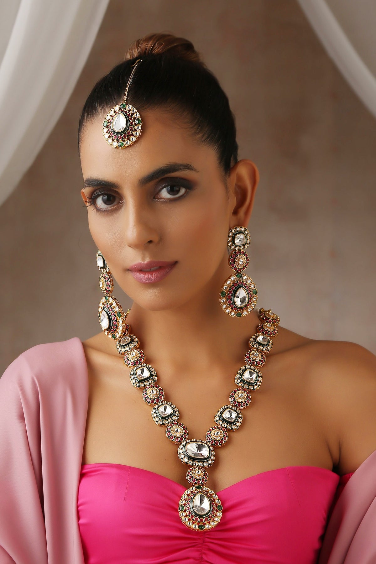 Moissanite Polki Embellished Long Pendant Necklace Set 