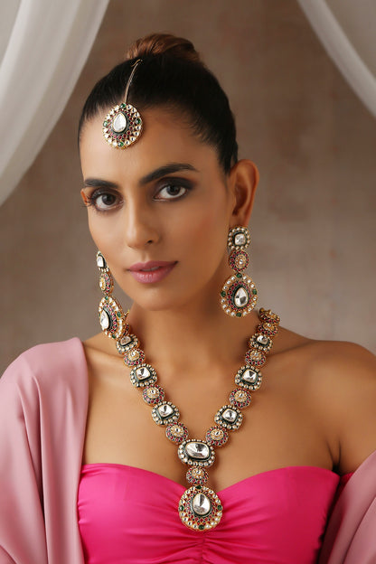 Moissanite Polki Embellished Long Pendant Necklace Set 