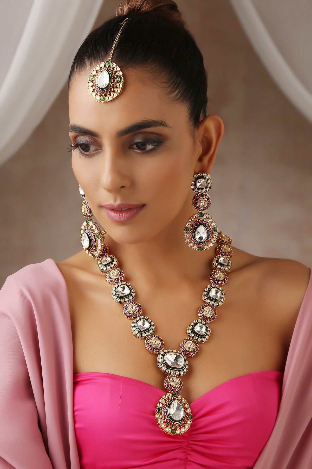 Moissanite Polki Embellished Long Pendant Necklace Set 