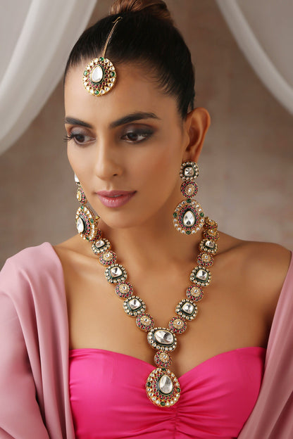 Moissanite Polki Embellished Long Pendant Necklace Set 