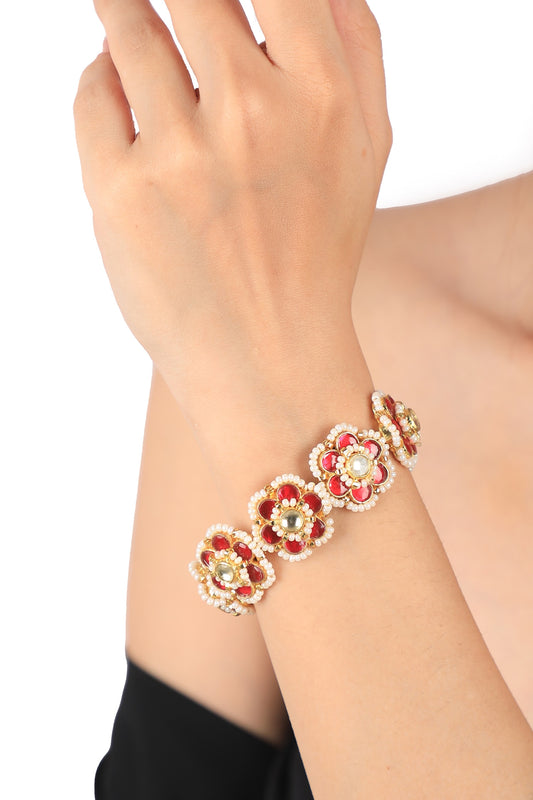 Floral Pearl & Ruby Stone Embellished Bracelet 