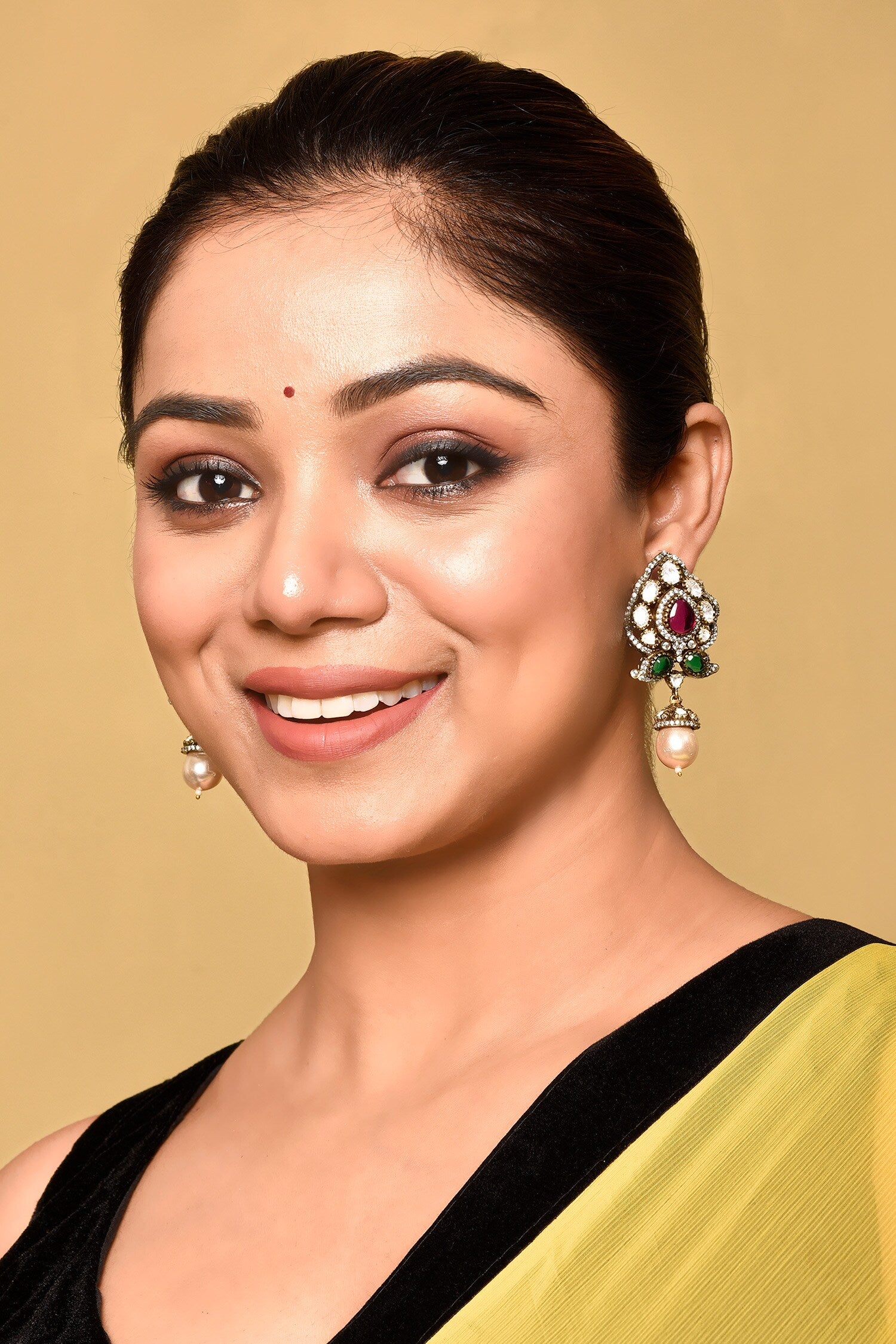 Stone Studded Pearl Drop Earrings 