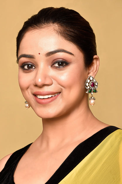 Stone Studded Pearl Drop Earrings 