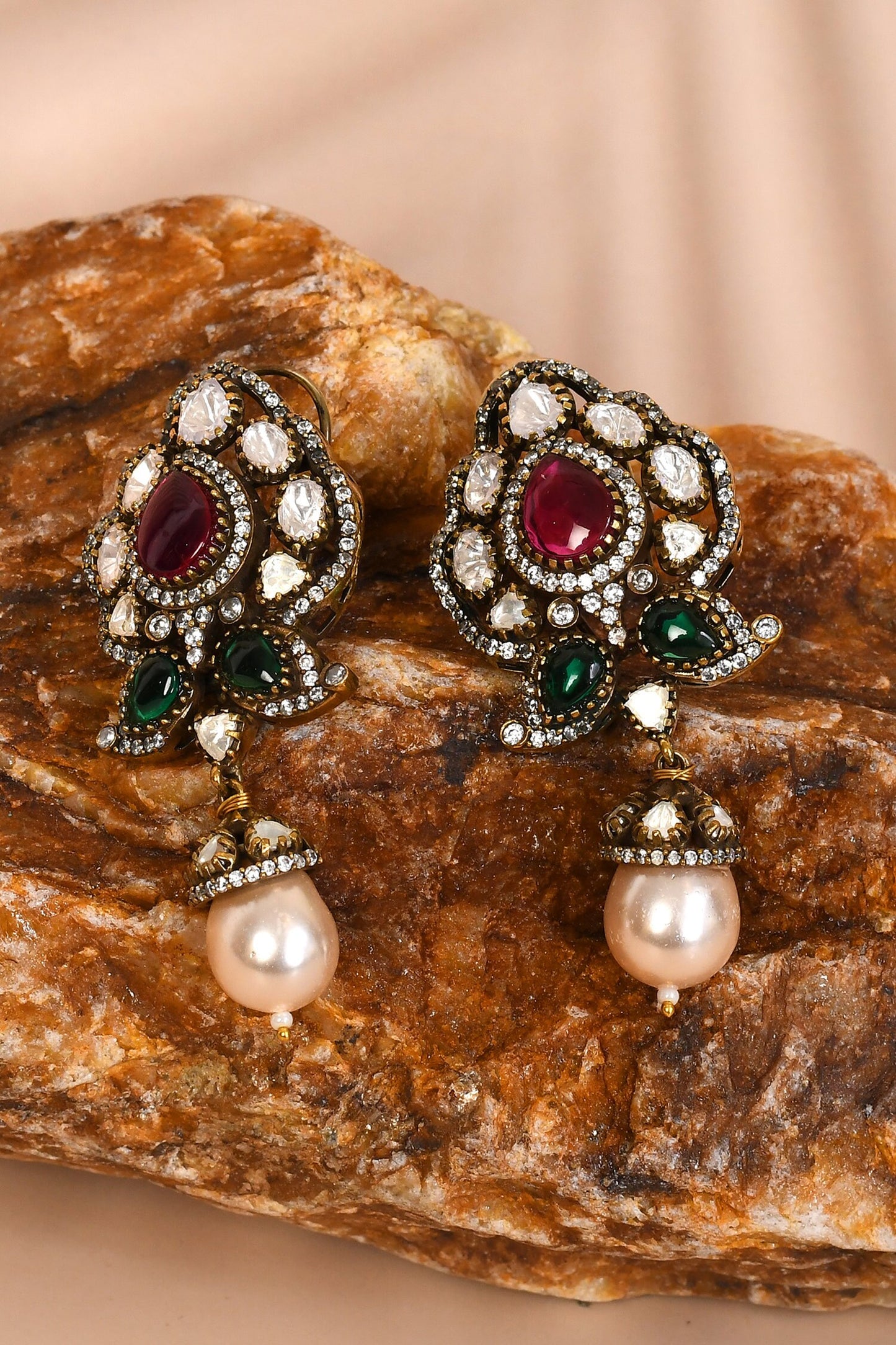 Stone Studded Pearl Drop Earrings 