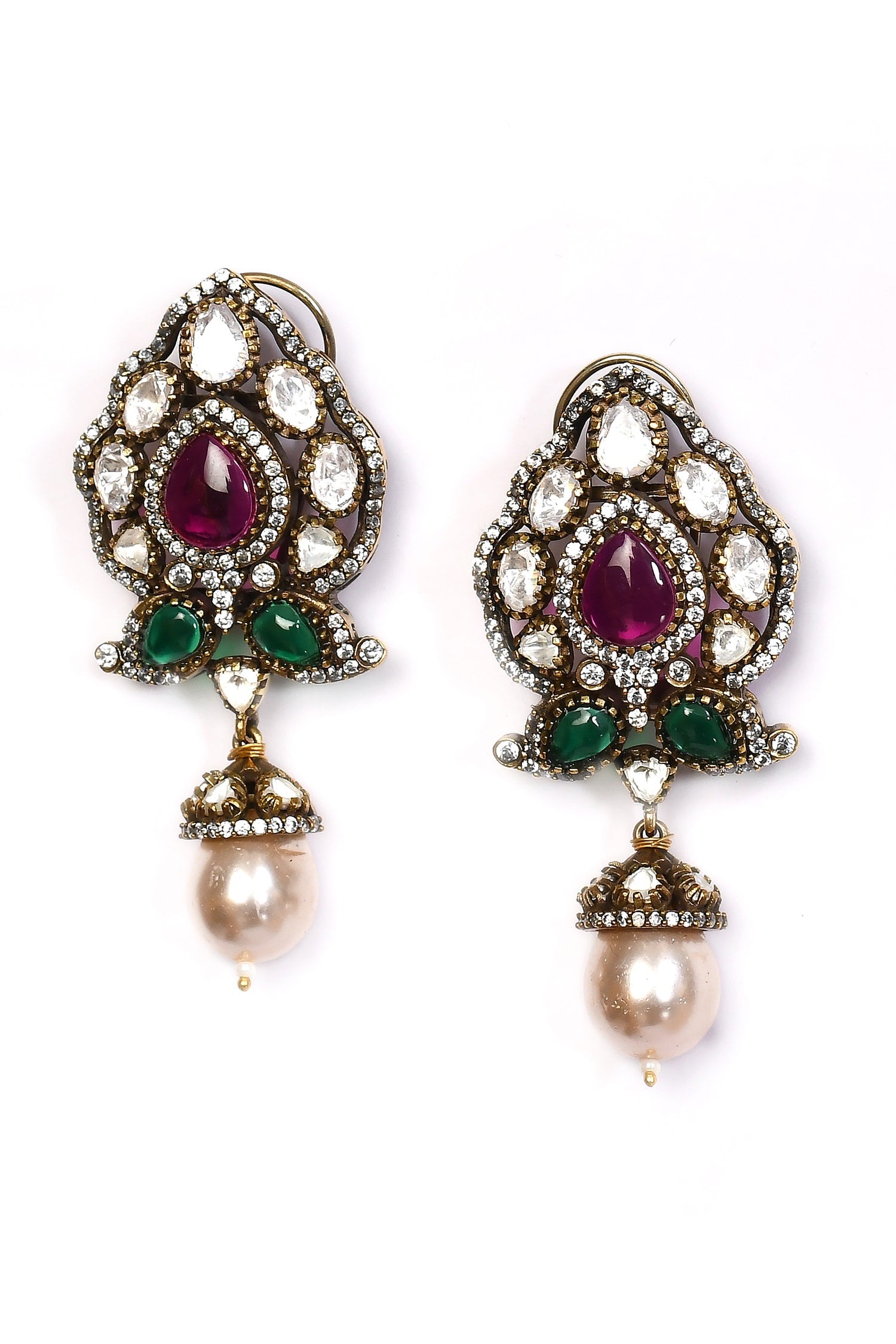 Stone Studded Pearl Drop Earrings 