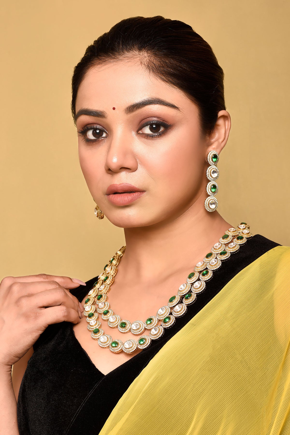 Oval Stone Embellished Double Layer Necklace Set 