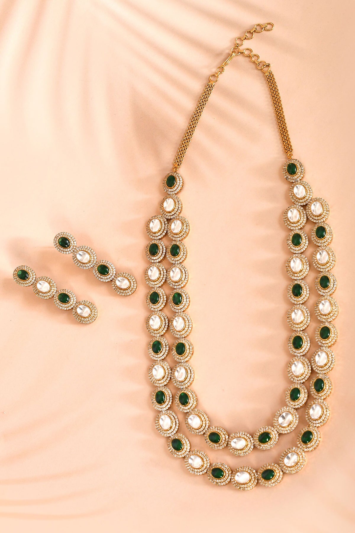 Oval Stone Embellished Double Layer Necklace Set 