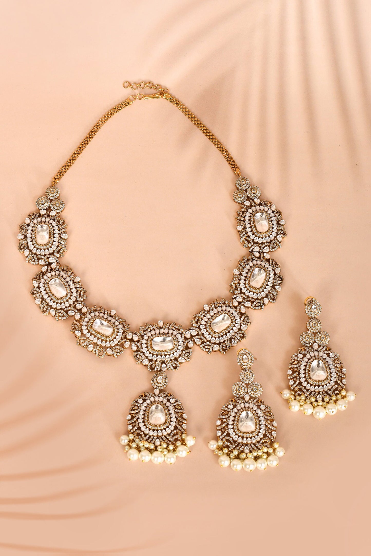 Stone Studded Pearl Tassel Necklace Set 
