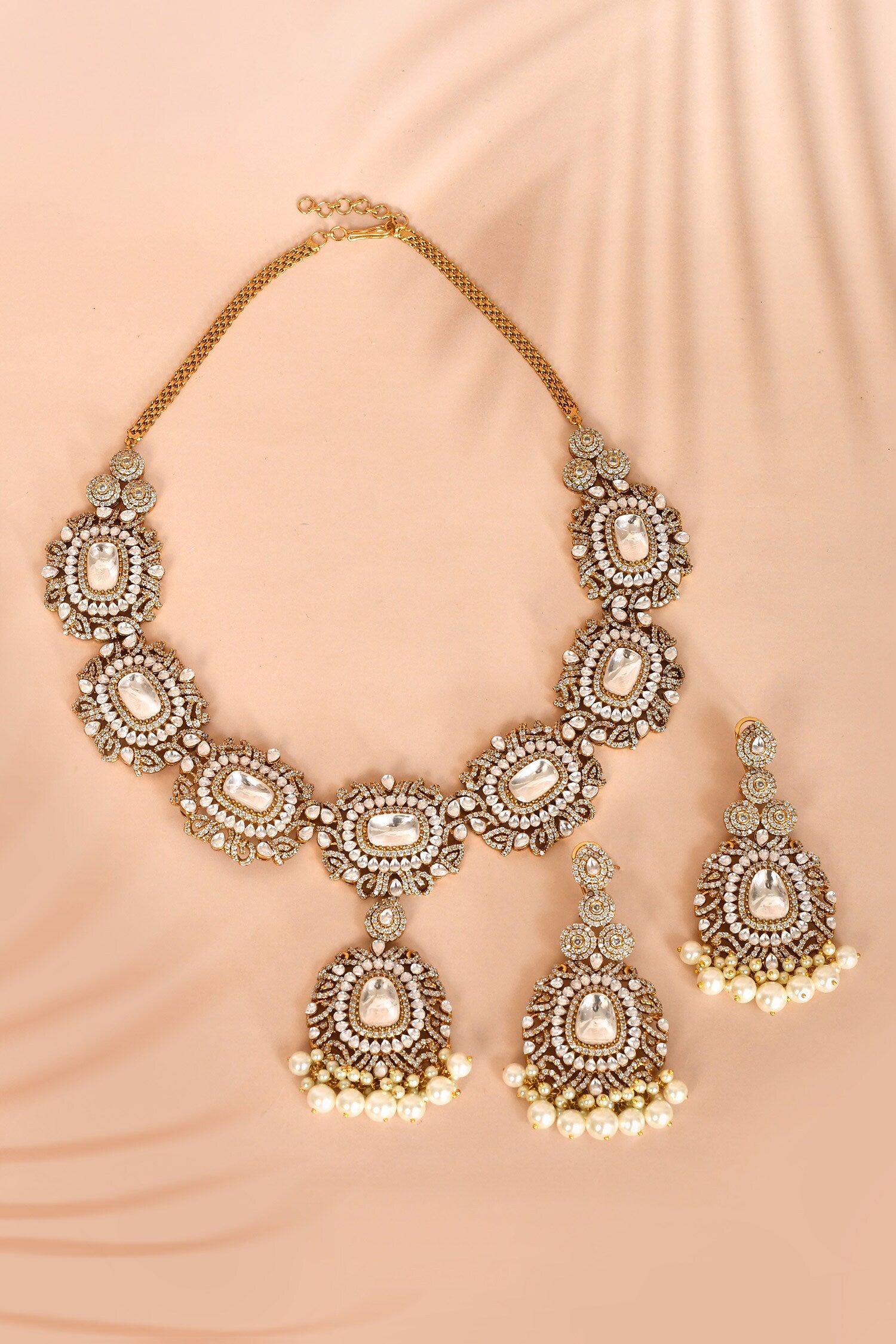 Stone Studded Pearl Tassel Necklace Set 