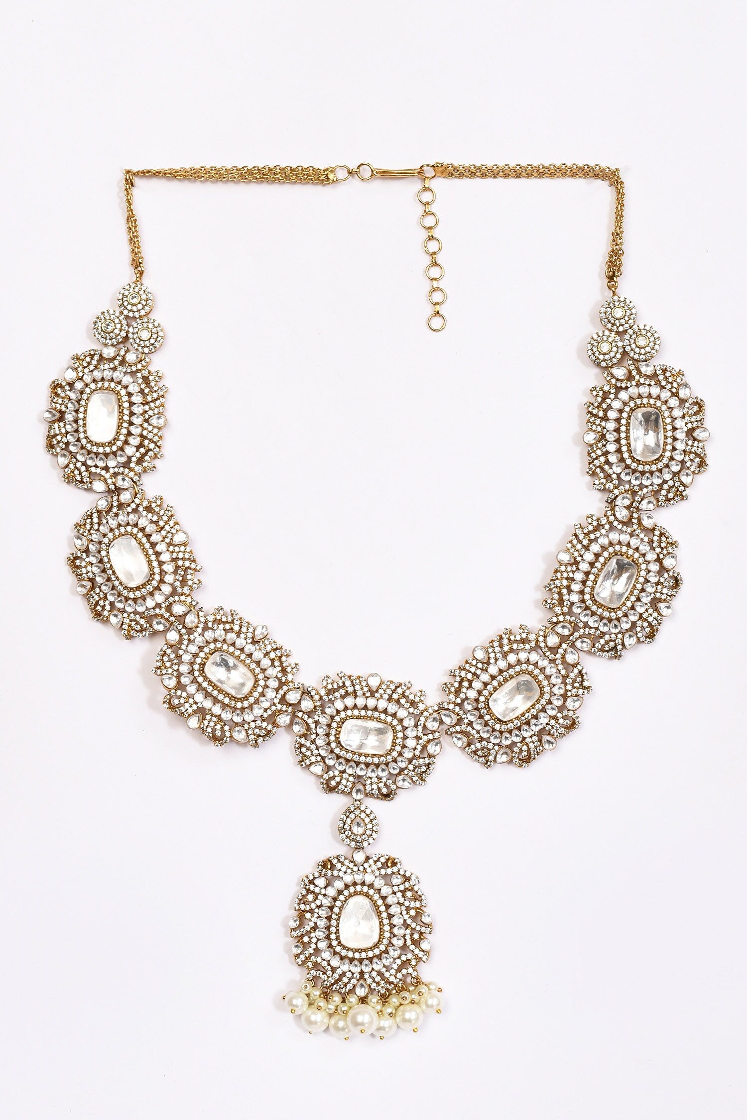 Stone Studded Pearl Tassel Necklace Set 