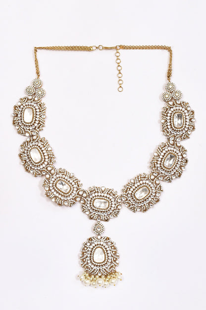 Stone Studded Pearl Tassel Necklace Set 