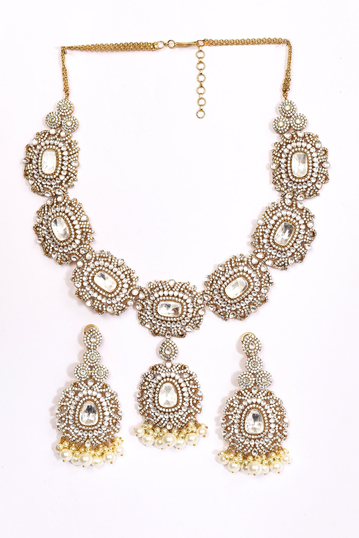 Stone Studded Pearl Tassel Necklace Set 