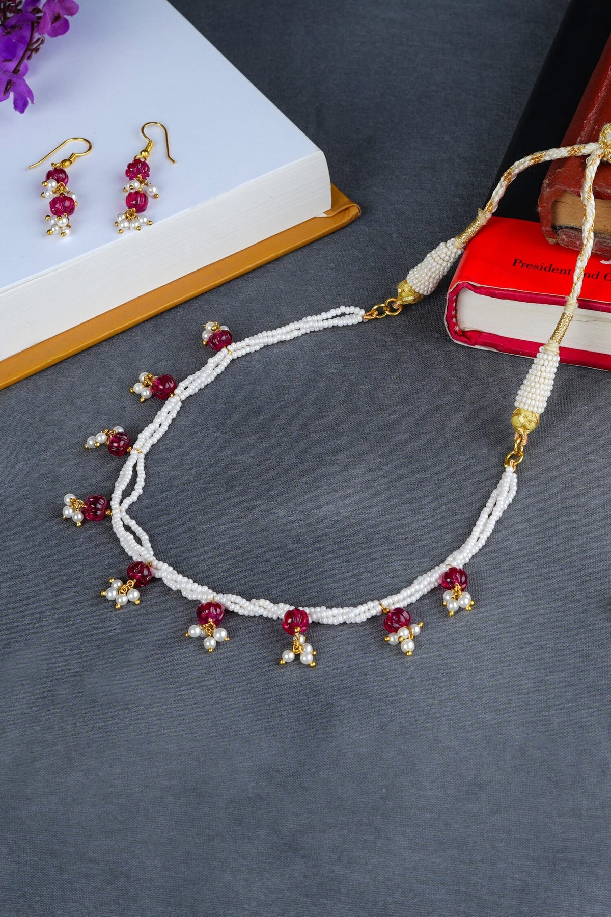 Ruby & Pearl Embellished Necklace Set 