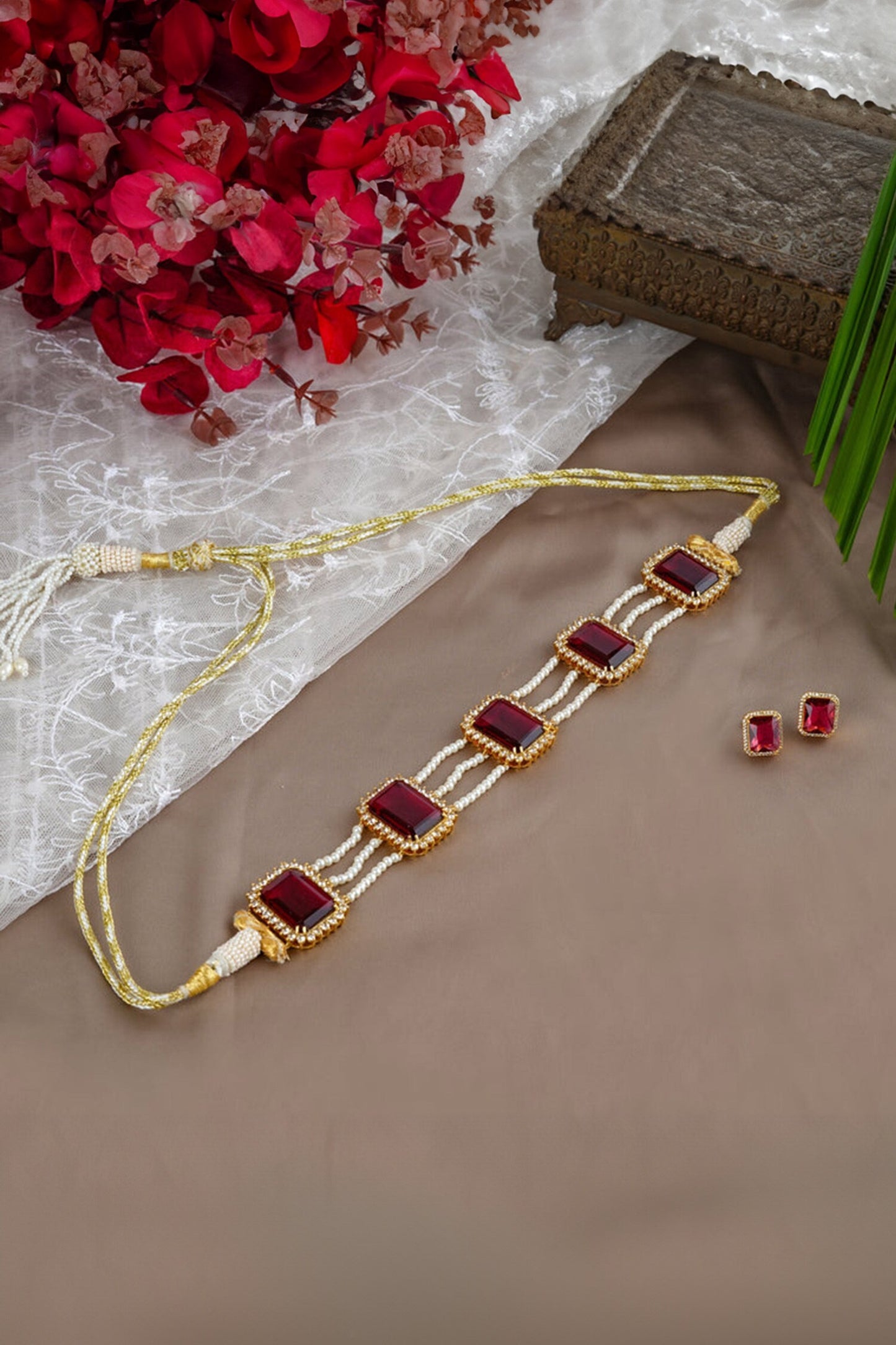 Crimson Charm Embellished Choker Necklace Set 