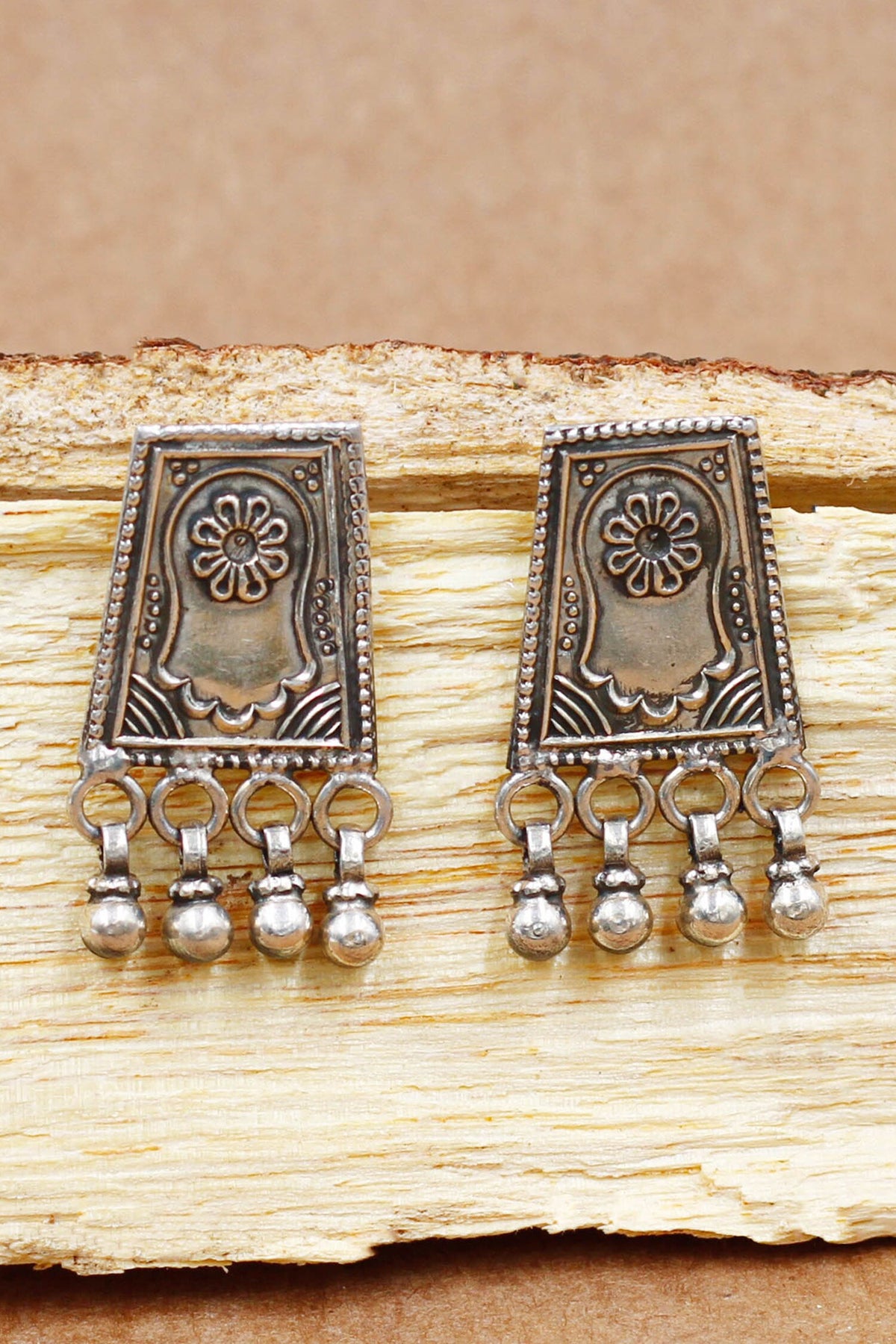 Rectangle Carved Oxidized Earrings 