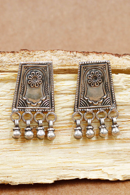 Rectangle Carved Oxidized Earrings 