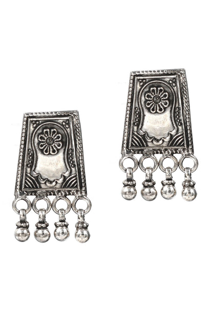 Rectangle Carved Oxidized Earrings 