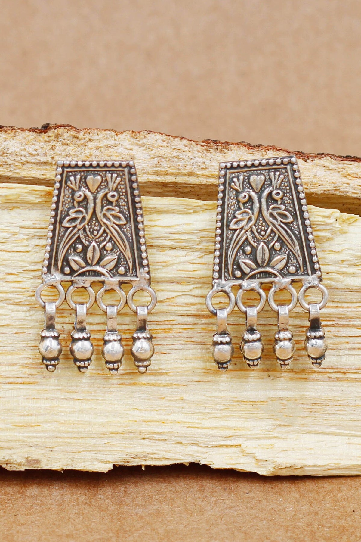 Peacock & Floral Carved Oxidized Earrings 