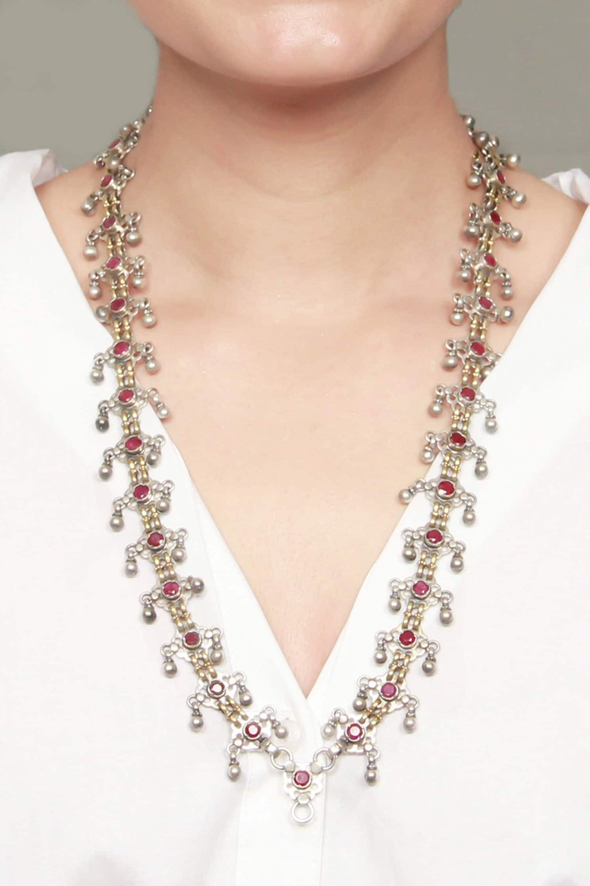 Ruby Stone Embellished Long Necklace 