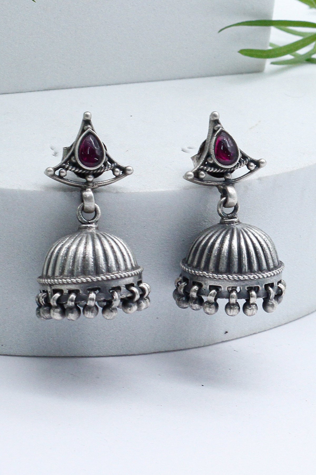 Ruby Stone Studded Carved Jhumkas 