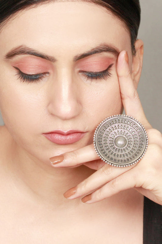 Oxidized Round Floral Carved Tribal Ring 