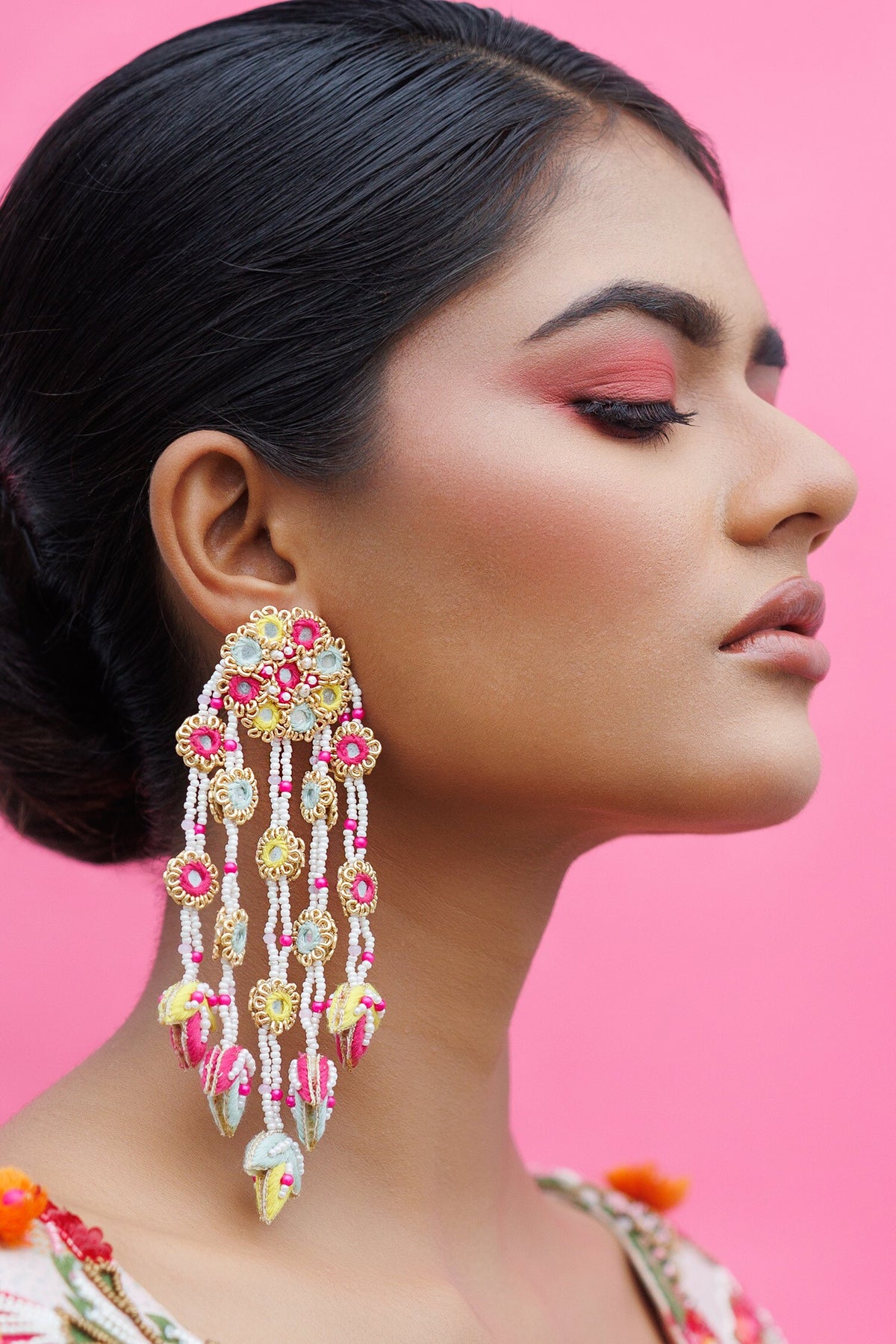 Floral Leaf Dabka Embroidered Tassel Earrings 