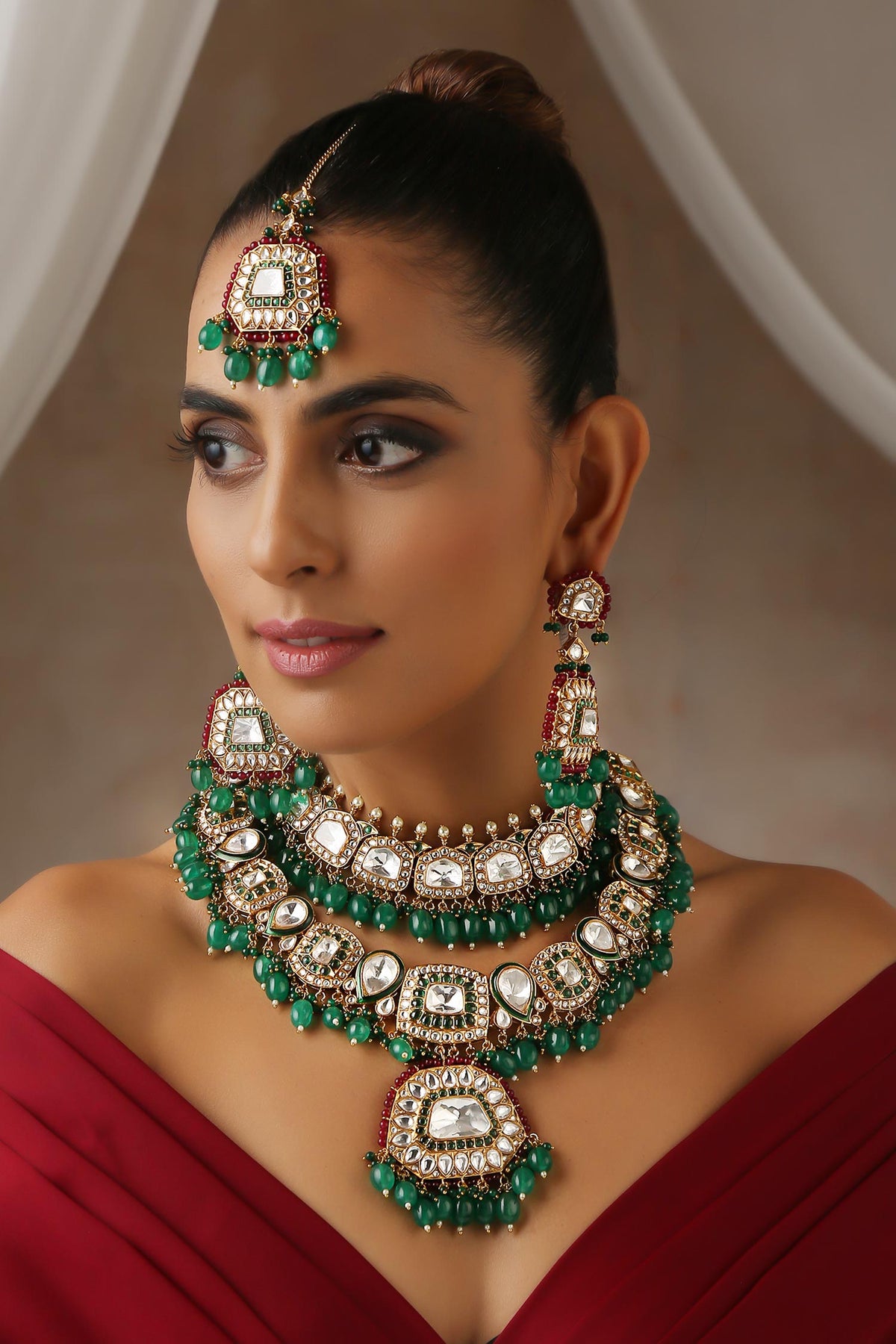 Geometric Polki Embellished Layered Necklace Set 