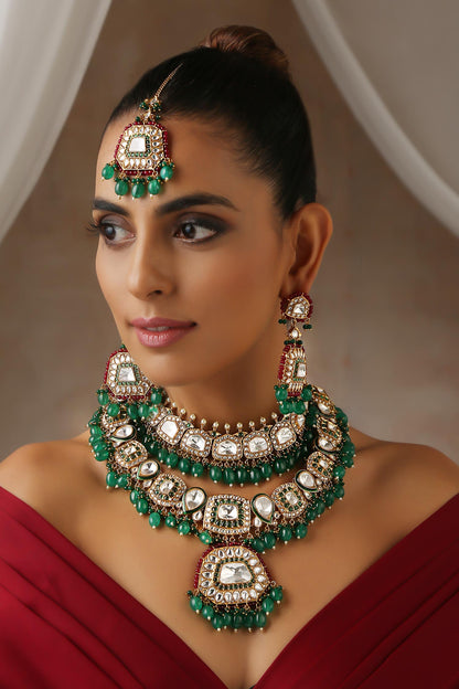 Geometric Polki Embellished Layered Necklace Set 