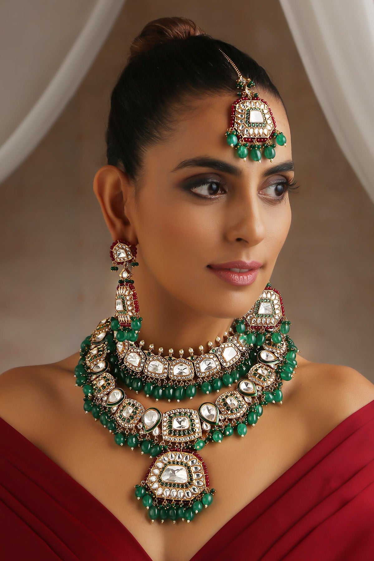 Geometric Polki Embellished Layered Necklace Set 
