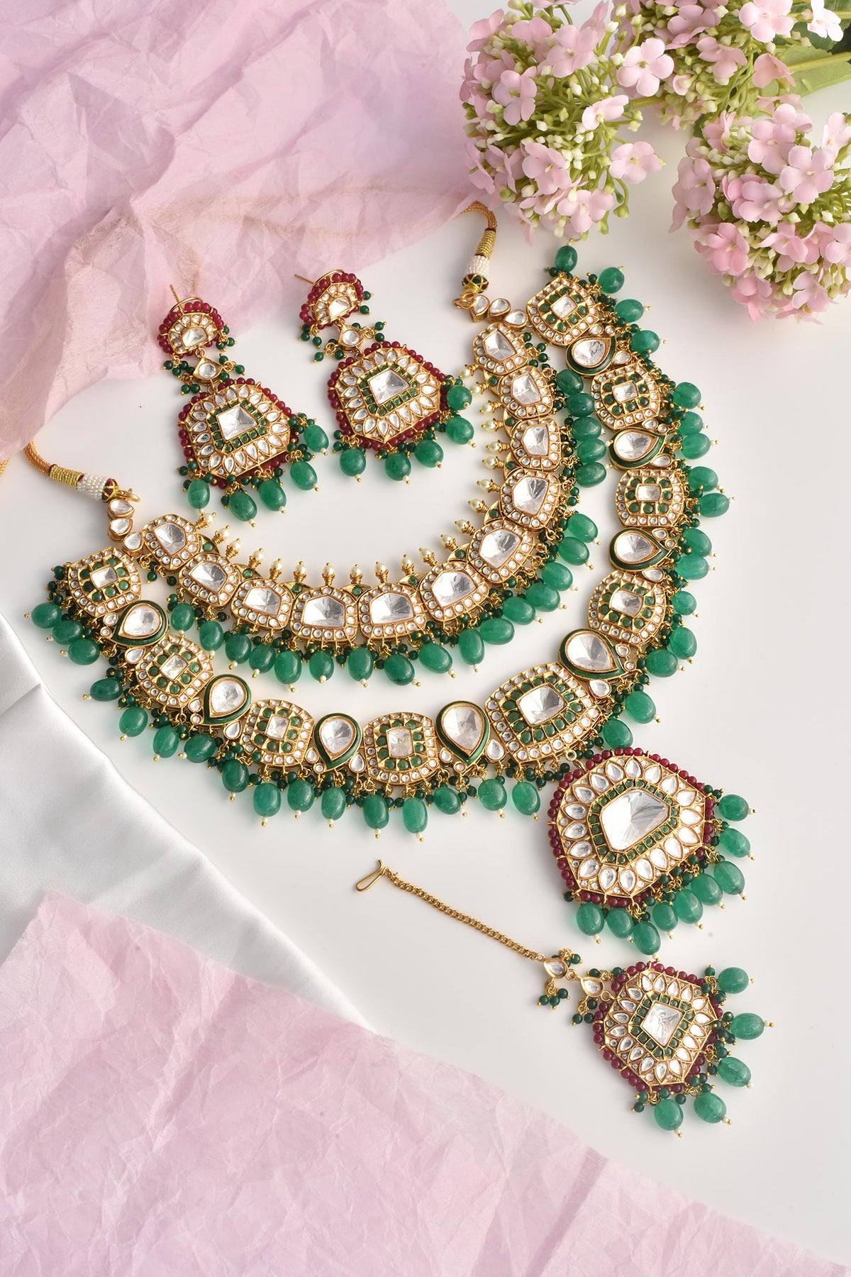 Geometric Polki Embellished Layered Necklace Set 