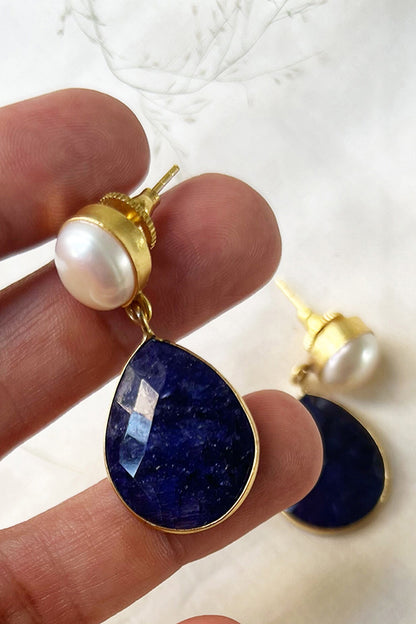 Lapis Stone Embellished Dangler Earrings 