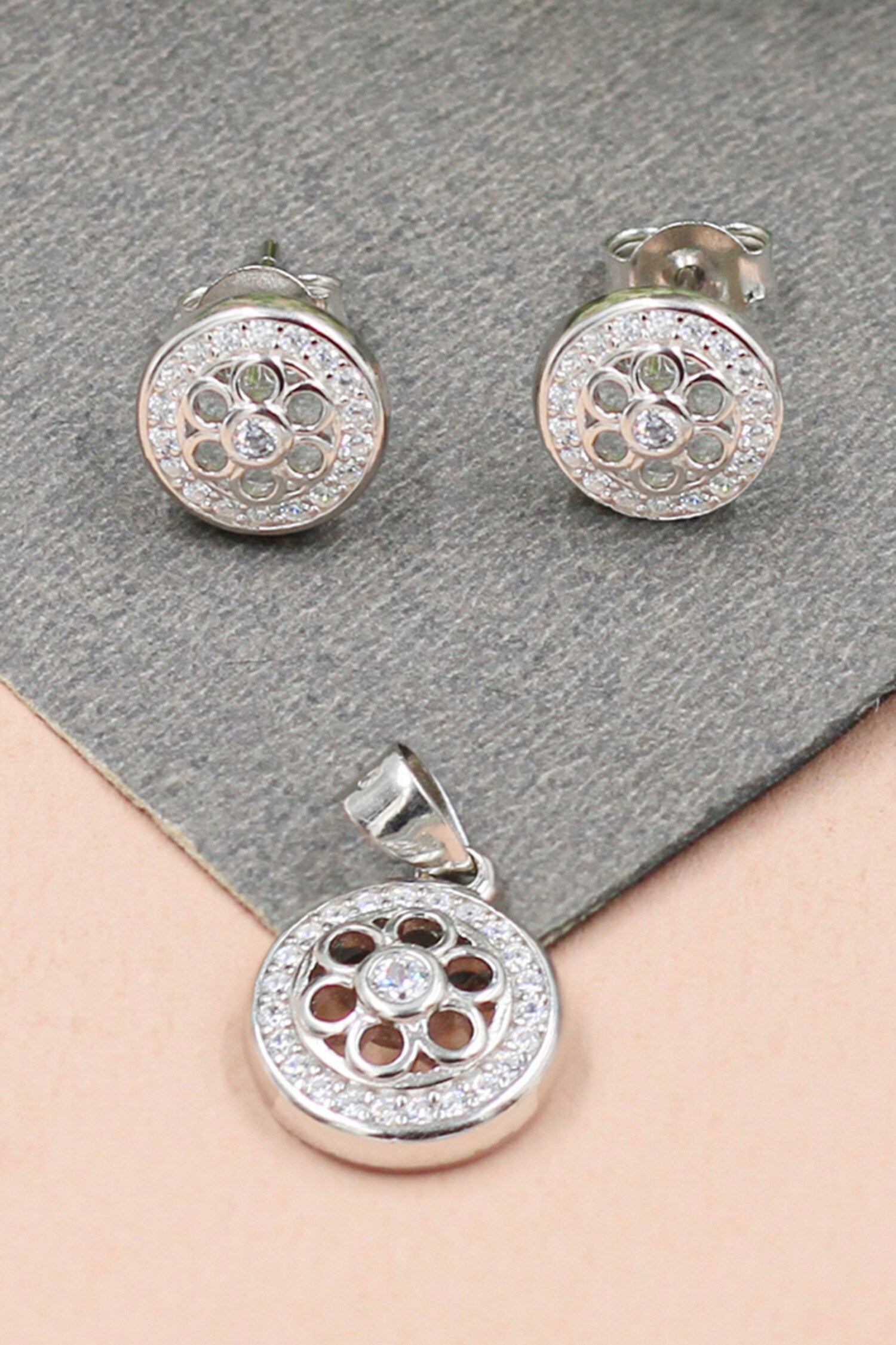 Floral Circular Cutwork Studs With Pendant 