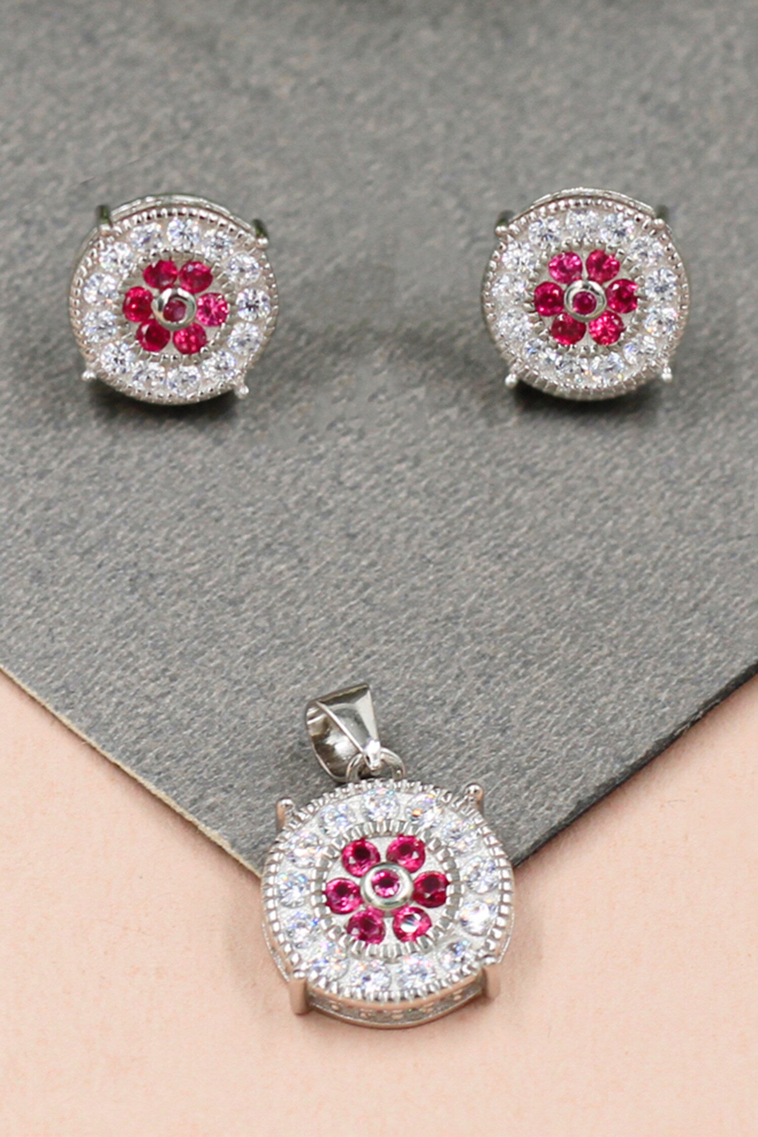 Cubic Zirconia Studded Round Pendant Set 