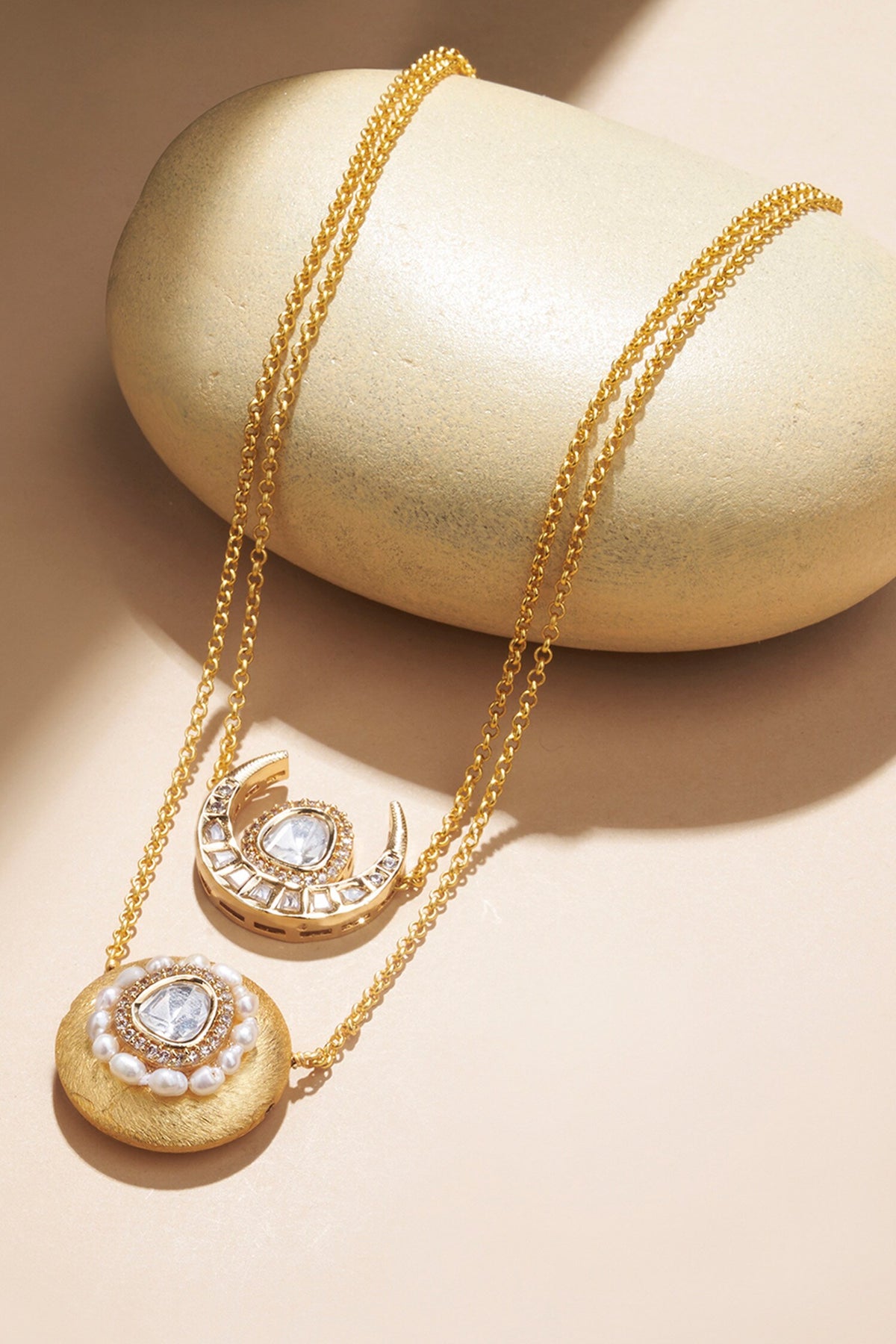 Iridescent Polki Studded Crecent Layered Necklace 