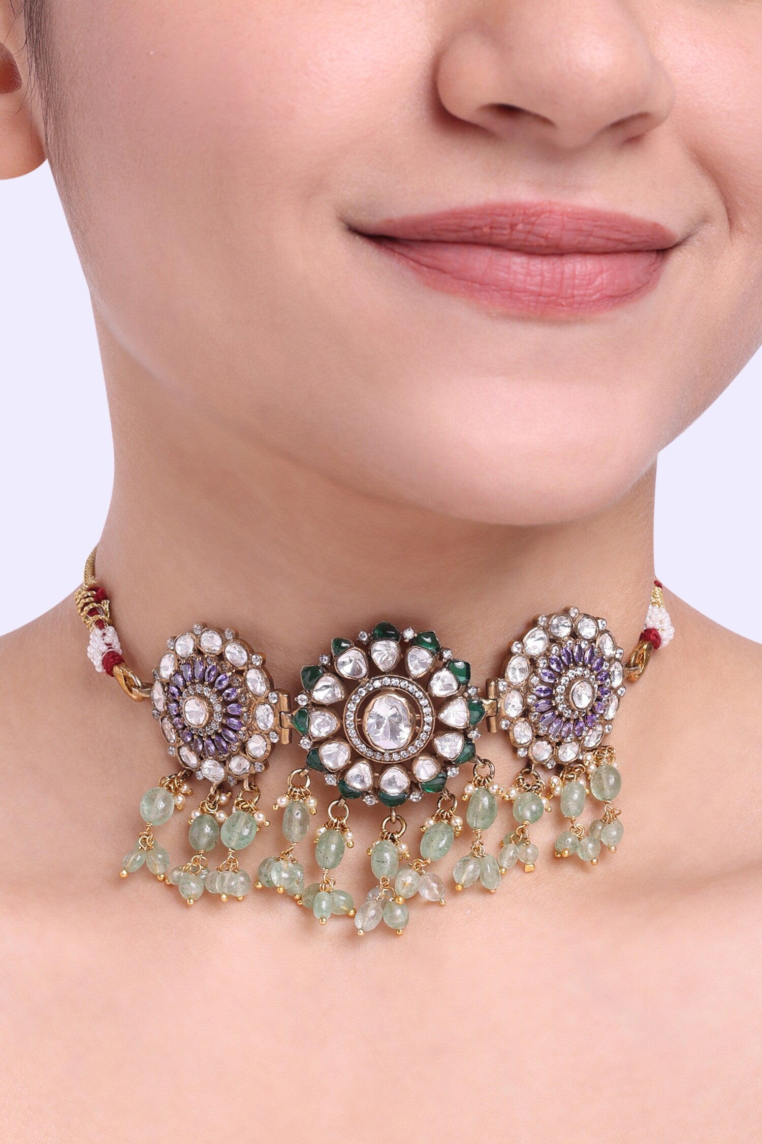 Moissanite Polki Embellished Floral Choker Necklace 