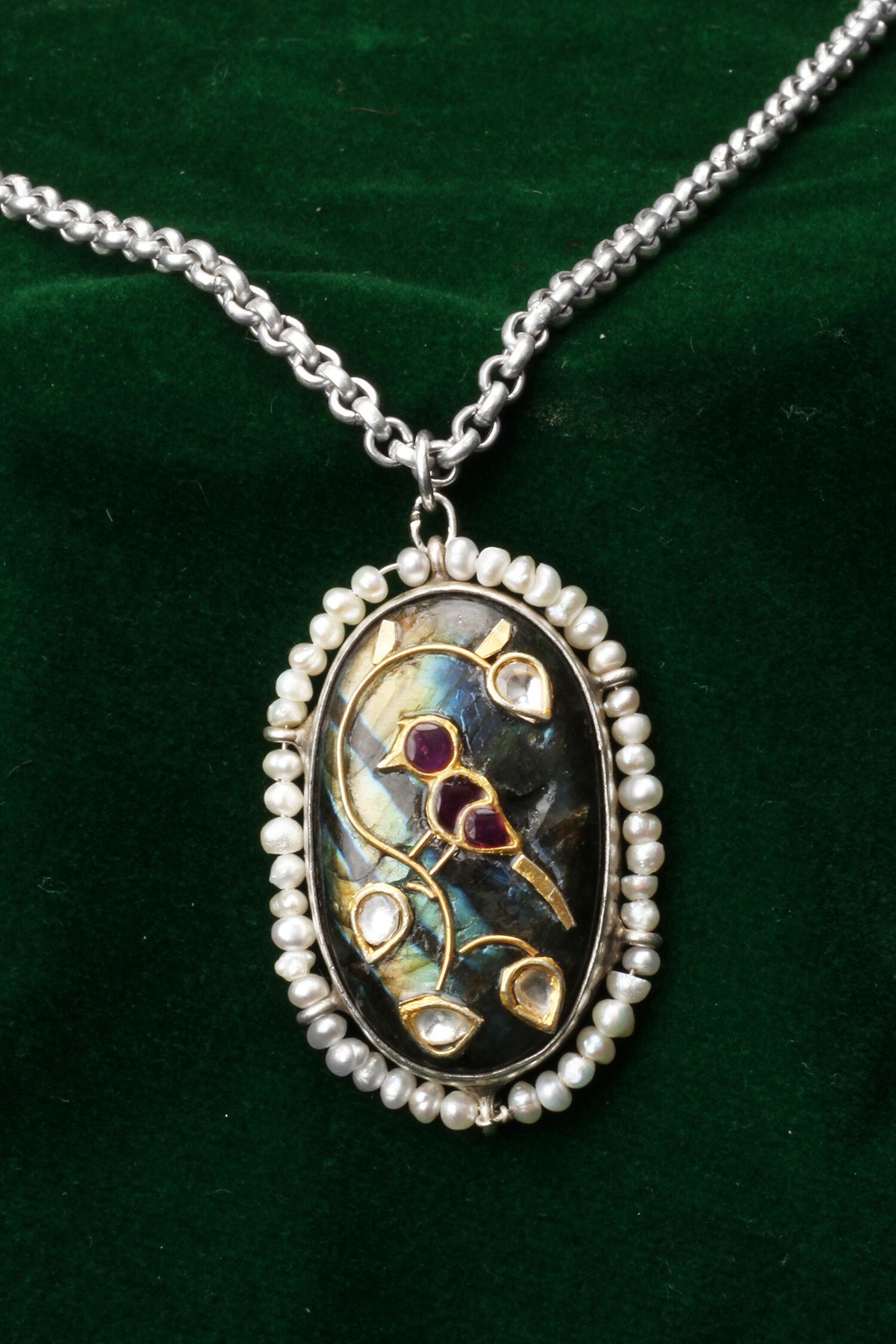Clarina Labradorite Stone Embellished Pendant Necklace 