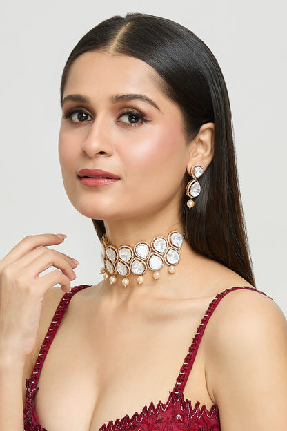 Petite Drop Moissanite Kundan Pearl Choker Jewellery Set 