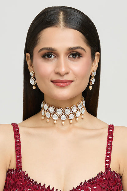 Petite Drop Moissanite Kundan Pearl Choker Jewellery Set 