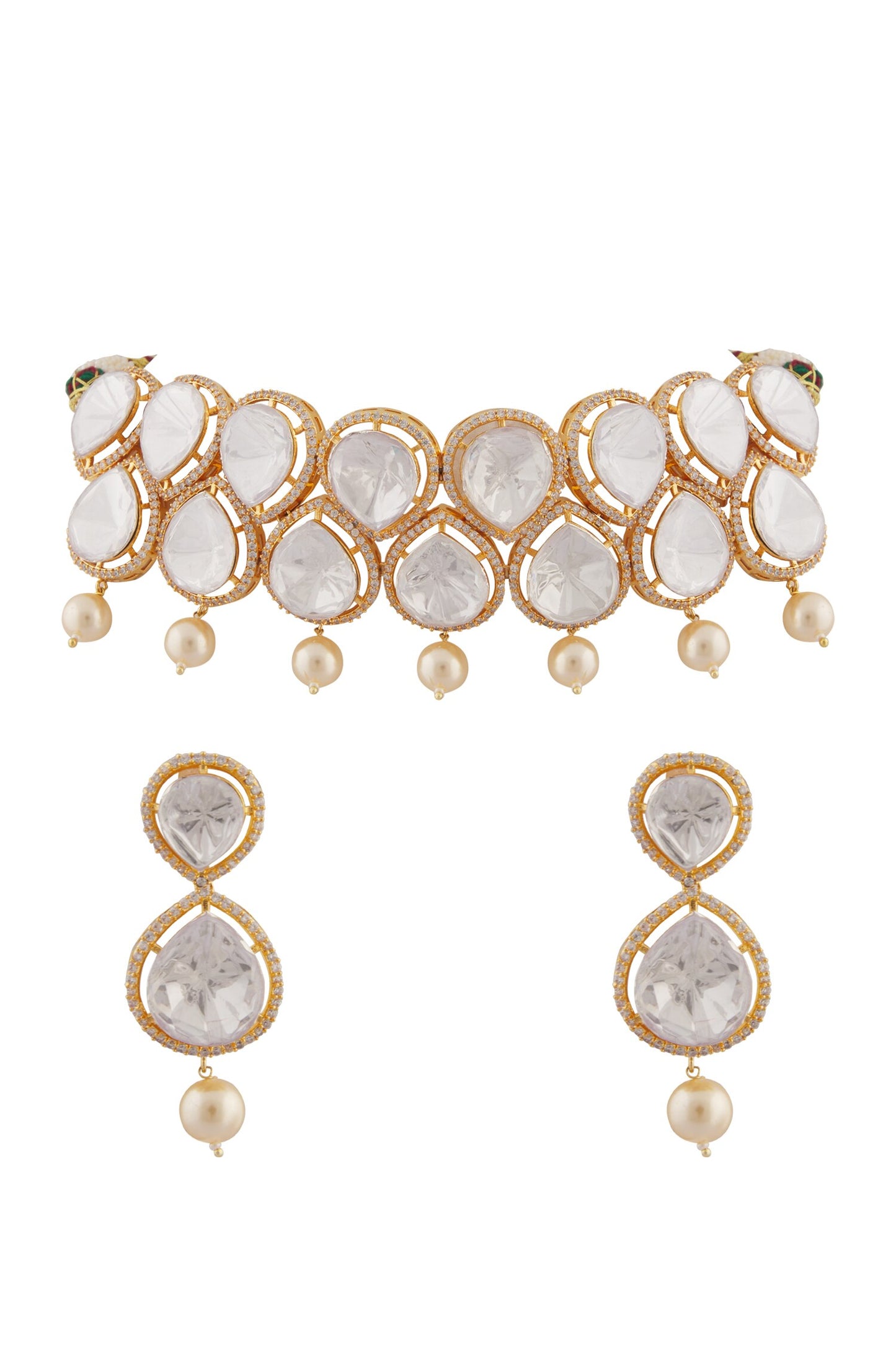 Petite Drop Moissanite Kundan Pearl Choker Jewellery Set 