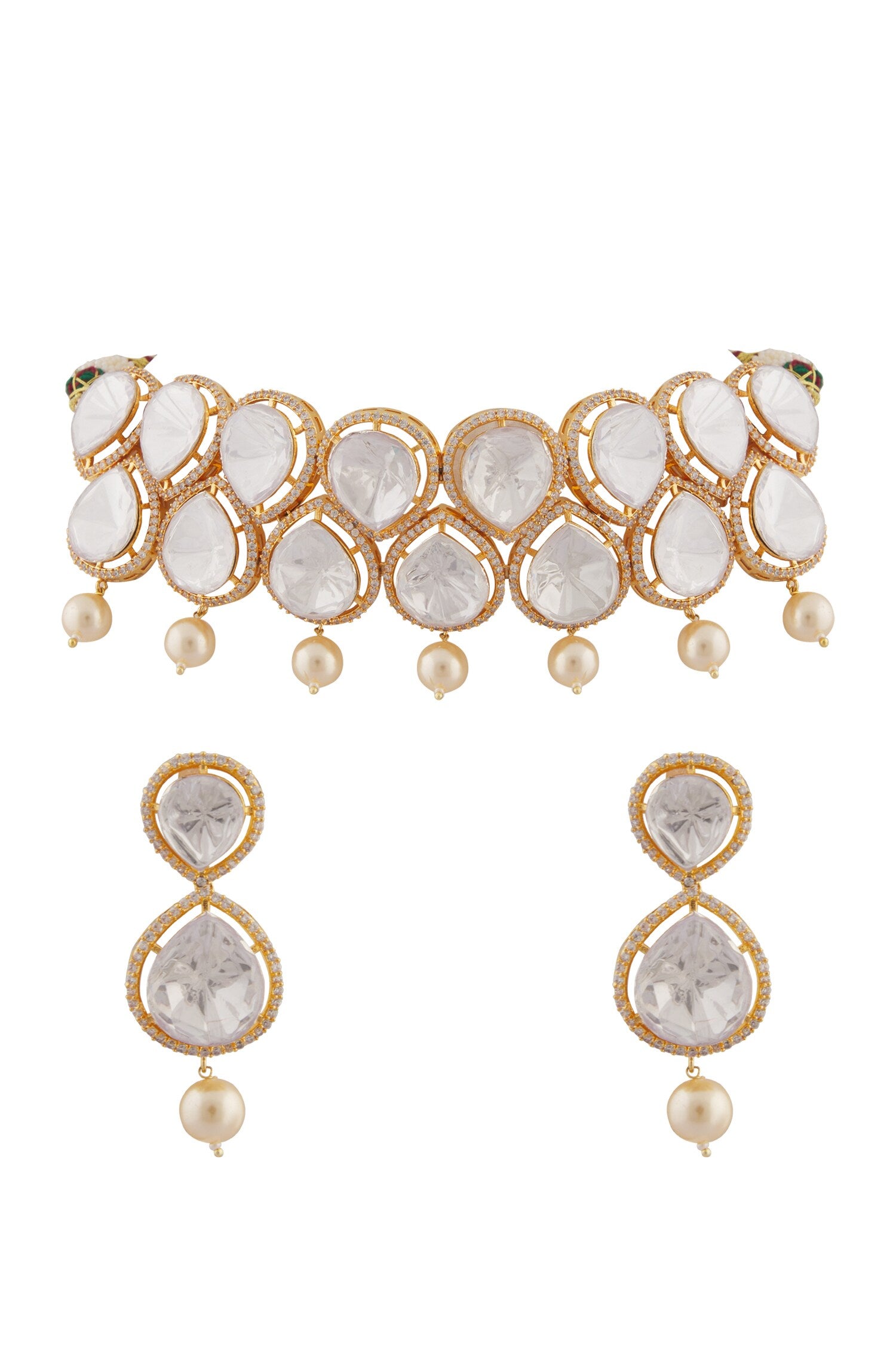 Petite Drop Moissanite Kundan Pearl Choker Jewellery Set 