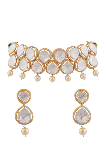 Petite Drop Moissanite Kundan Pearl Choker Jewellery Set 
