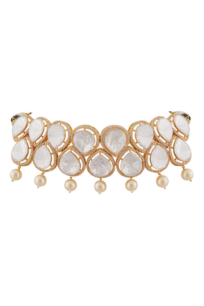 Petite Drop Moissanite Kundan Pearl Choker Jewellery Set 