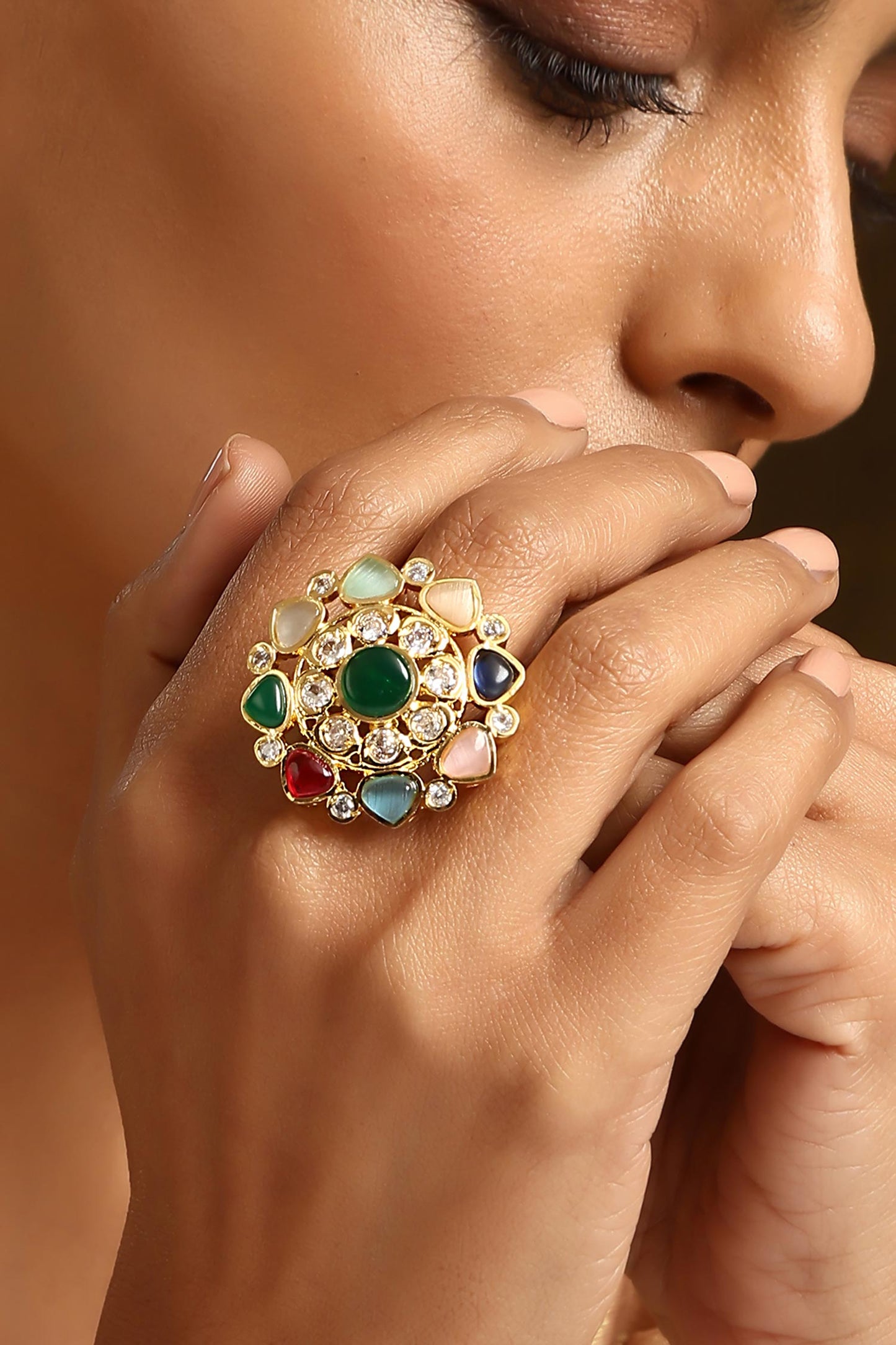 Navratna Kundan Embellished Ring 