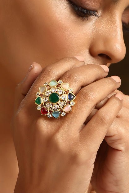 Navratna Kundan Embellished Ring 