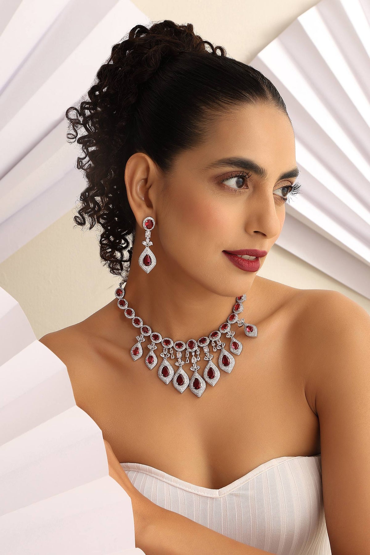 Designer Zirconia & Red Stone Necklace Set 